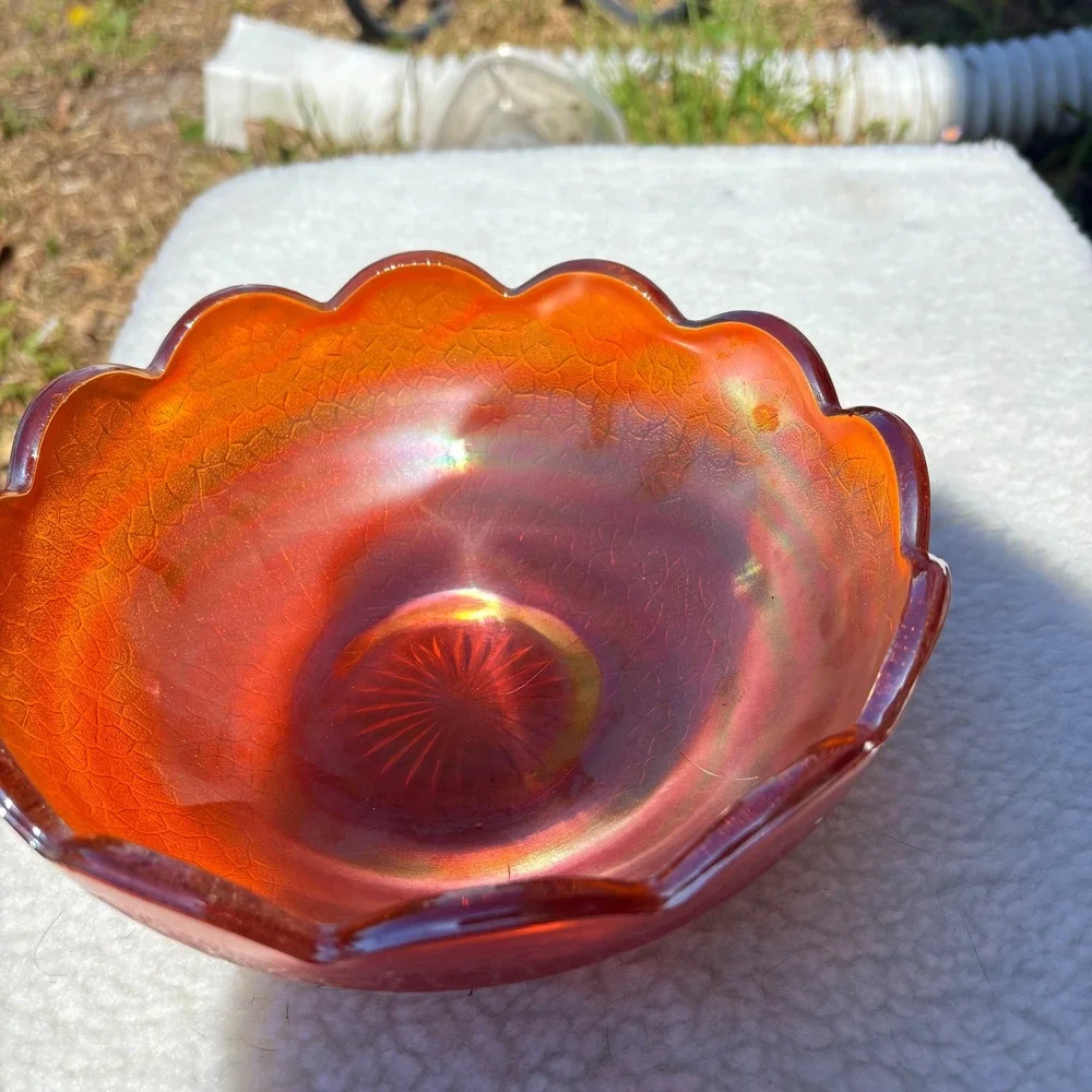 Jeannette Glass Carnival Bowl Marigold Crackle Scalloped Edge Vintage 7‎ inch